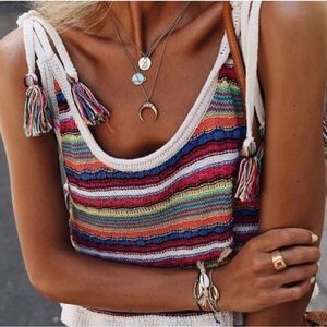 Zara Knit Boho Cotton Striped Print Crochet  Knit Boxy Crop Multicolor Top M